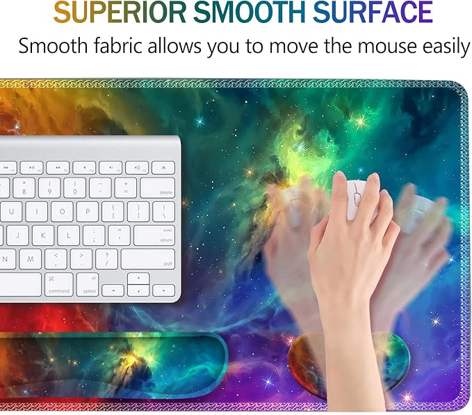Extended Gaming Mouse Pad Set, Keyboard Wrist Rest Support Pad + Wrist Cushion + XXL Large Mouse Pad + Coaster, Stitched Edge, Non-Slip, Memory Foam Desk Mat, Color Nebula Galaxy