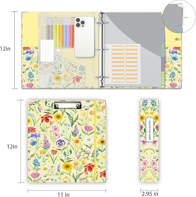 3 Ring Binder 2 Inch, Three Ring Binders Organizer with Clipboard, 5-Tabs Pockets Dividers, Plastic Folder, 18 Divider Stikers, KLLVE Cute Binder with Pen Loop (Garden Party, Letter Size)