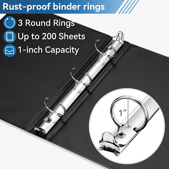 SUIN Mini 3 Ring Binder A5 Size 5.5"x8.5", 1" Round Ring 200 Sheet Capacity, Bulk 6 Pack Black Binders for School Office