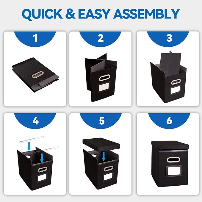 2 Pack Hanging File Folders Organizer with Lid, Letter Size Fabric File Storage Box Collapsible, Portable Office Document Holder with Metal Handle, Smooth PVC Rails, Black