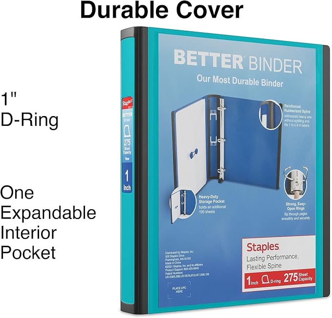 Staples Better Binder, 1-Inch D-Ring View, Teal, 275 Sheets
