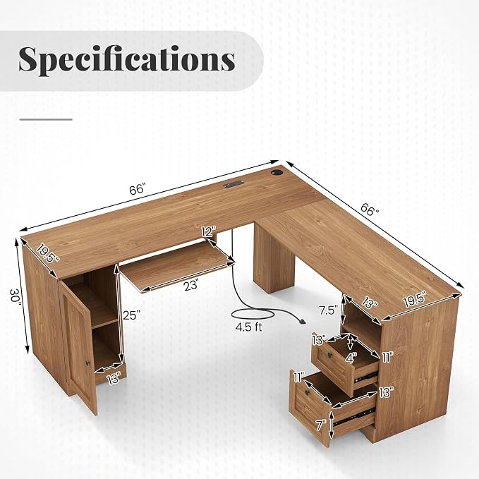 Giantex 66" L-Shaped Desk with Storage Drawers & Charging Station, Spacious Corner Computer Desk with Keyboard Tray, Adjustable Shelf, Cabinet, Huge Workspace Home Office Study Writing Desk (Natural)
