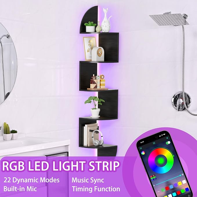 Corner Shelf, 5 Tier Bookshelf with LED Light, Corner Shelf Wall Mounted, Floating Shelves for Wall, Display Stand for Bedroom, Living Room, Bathroom, Home, Office, Black