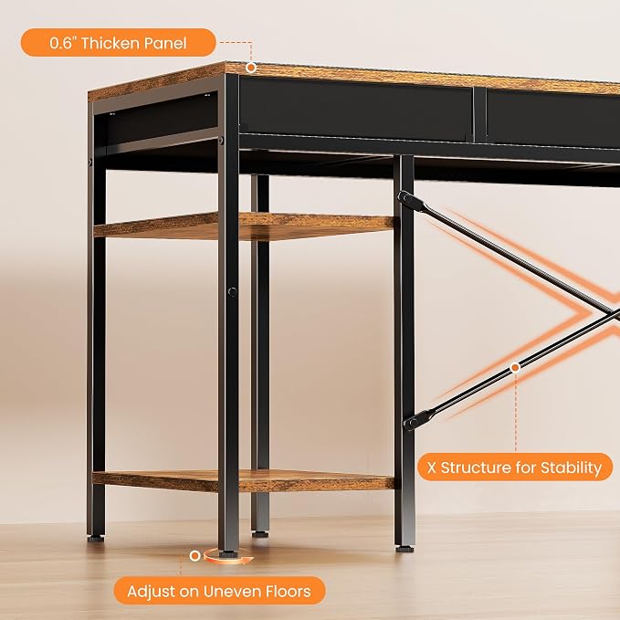 OLIXIS 55 Inch Computer Desk with 6 Fabric Drawers, for Home Office Work | 6 Fabric Drawers & Reversible Gaming Desk, Office Workstation, Corner Desk with Storage, Home Office,Living Room,Dorm, Brown
