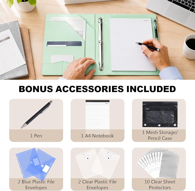 Leathario 1 Inch 3 Ring Binder with Clipboard Storage Vegan Leather | Includes 10 Clear Divider Pockets, 4 Envelope Pockets, 1 Pen Bag and 1 Pen, Suitable for A4/8.5x11 Paper, for Students Work