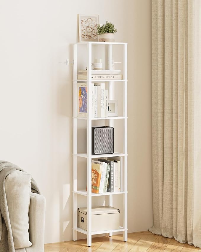 Open Book Shelf, 6 Tier Tall Bookshelf, Freestanding Shelf Narrow Bookcase with Open Shelves, 14.57" x 10.63" x 65.83", Book Shelves for Living Room, Office, Study, White