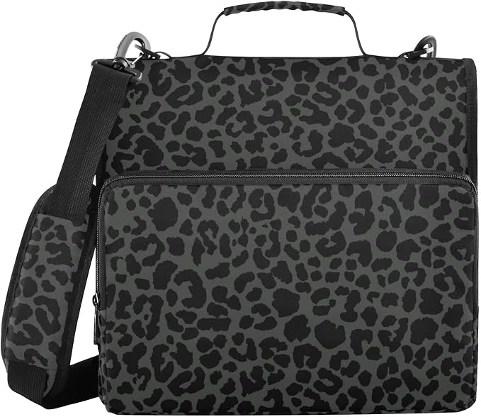 ALAZA Zipper Binder 3 Ring Dark Gray Leopard Cheetah Print Binder Organizer with Zipper and Shoulder Strap Large Capacity Multi-Pocket Trapper Keeper File Folder for Office Supplies