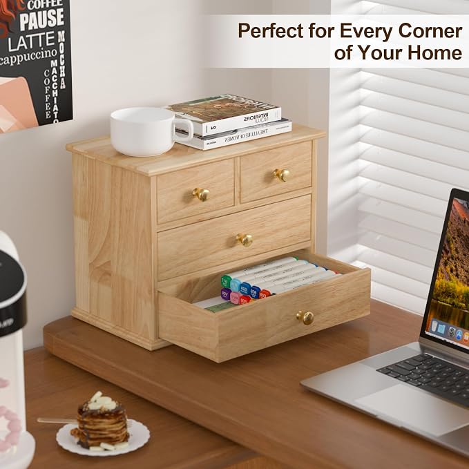Oak Desk Organizer with Drawers, Durable Wooden Desktop Storage Box | 4 Drawer Tabletop Organizer with Metal Handles & Non-Slip Pads for Office, Bedroom, Bathroom, Vanity, Makeup Storage, Natural