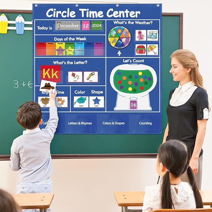Boczif Circle Time Learning Center Pocket Chart, Classroom Calendar (Blue)