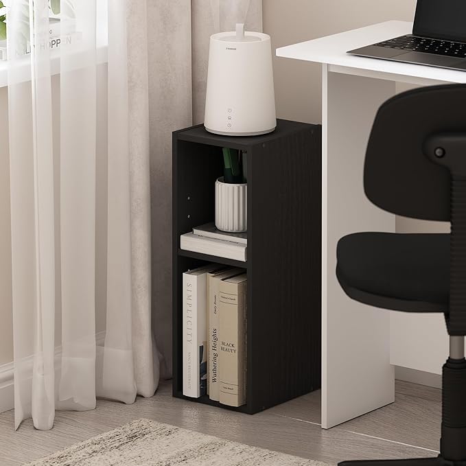 Furinno Fulda Book Shelf, 2-Tier Narrow Bookshelf, Bookcase with 8-in Width Storage Shelf, 9.3 x 7.9 x 21.2, for Living Room, Bedroom, Home Office, Blackwood