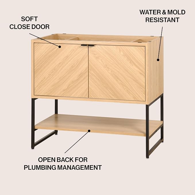 JONATHAN Y Juhl 35" Chevron Freestanding Bathroom Vanity Cabinet, Oak | Modern Minimalist Design, 18" Deep 33" Tall, 2 Soft-Close Doors, Interior And Open Shelves, Sink Not Included