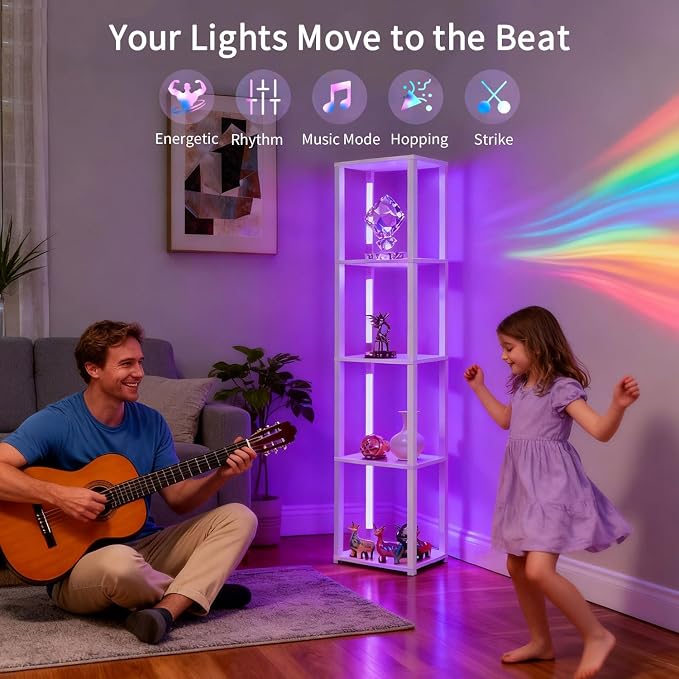 RGBCW Floor Lamp with Shelves, LED Smart Modern Floor Lamp with Music Sync, Color Changing Corner Display Shelf Lamp, Standing Lamp with Shelves for Living Room and Bedroom, Office, White