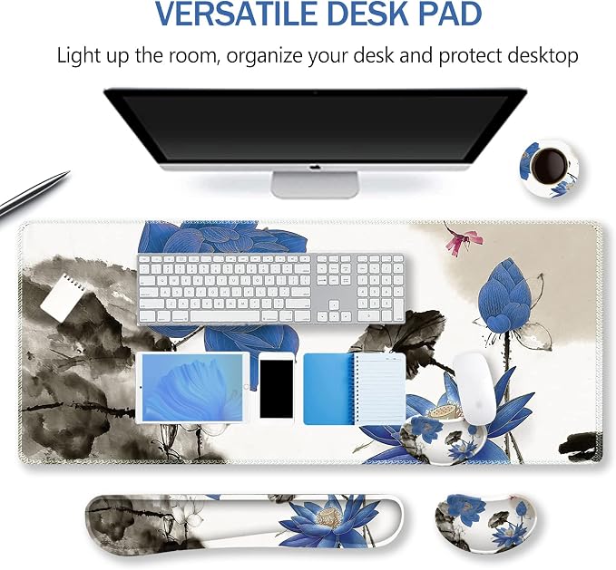 Extended Gaming Mouse Pad Set, Keyboard Wrist Rest Support Pad + Wrist Cushion + XXL Large Mouse Pad + Coaster, Stitched Edge, Non-Slip, Memory Foam Desk Mat, Blue Lotus Ink Painting