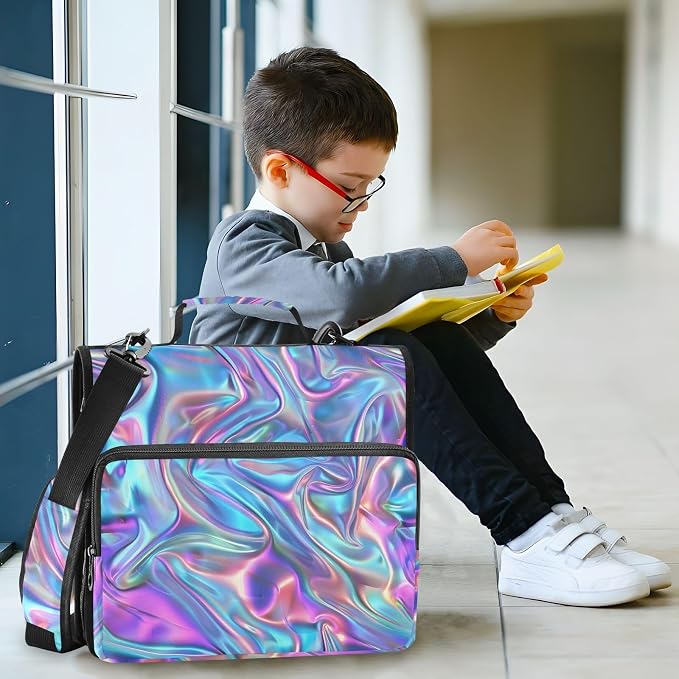 Metallic Liquid Painting Rainbow 3 Ring Binder Bag 1.5 inch Binder Organizer with Zipper Shoulder Strap 500 Sheet Documents Storage for School Office