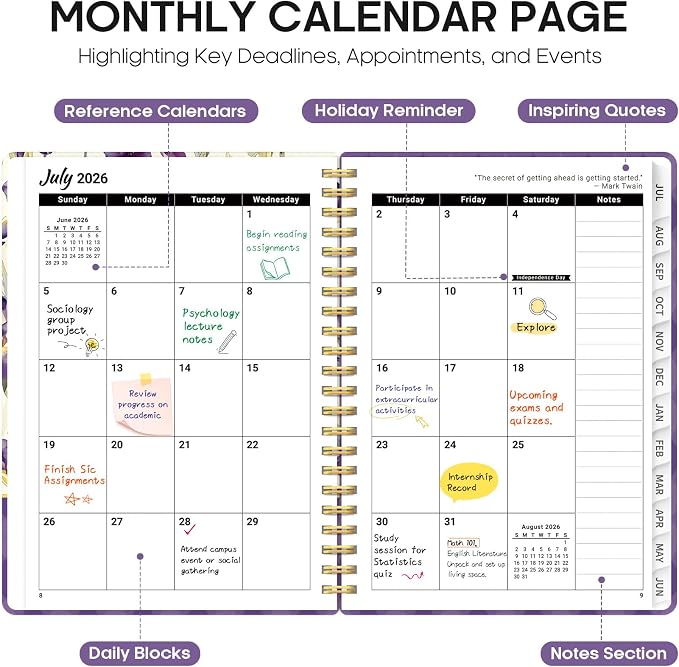 Taja Planner 2026-2027, Jul 2026-Jun 2027 Monthly & Weekly Calendar Planner | 6.3" x 8.5", Hardcover Academic Calendar, Teacher Student Agenda Book with Tabs, School Office Supplies, Purple Iris