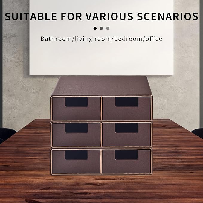 Linen Leather Desk Organizer and monitor stand with Drawers－Mini Desktop Drawer Organizer Stackable－Tabletop Organization Storage Box for Office Supplies Home Vanity Toiletries (Brown, 2-drawers)