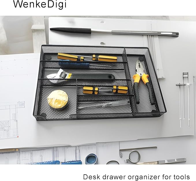 2-Pack Metal Mesh Desk Drawer Organizer Tray Set, 6-Compartment Office Drawer Organizer for Pens Supplies, 12.6"x8.27"x1.57" Black