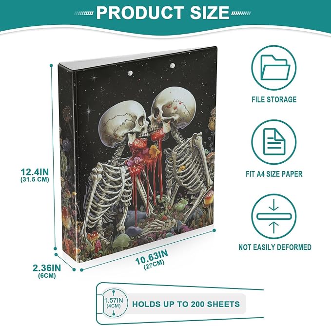 Romantic Gothic Skeleton Binder 1.5 Inch Binder with Clipboard&Pockets, Goth Floral Mushroom Hardcover Binders 3 Ring Heavy Duty File Folder for Office School Supplies-Holds 200 Sheets, 2 PC
