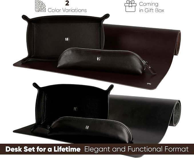 3-Pc Premium Full-Grain Leather Desk Organizer Set | Mat, Pencil Case & Tray | Chic Decor Accessories | Gift for Christmas, Birthday & Anniversary, Brown