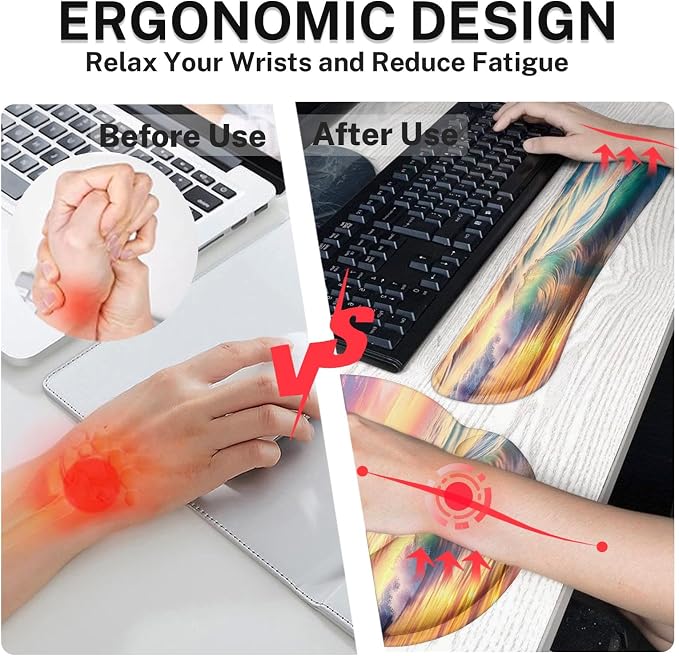 Keyboard Mouse Pad Set, 4 in 1 Desk Mat Set, Sunset Beach | Large Mousepad+Keyboard Wrist Rest+Mouse Wrist Rest+Coaster Ergonomic Design for Home Office Computer