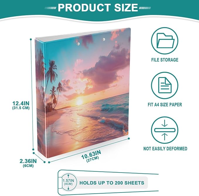 ALAZA 3 Ring Binder Tropical Sea Beach Landscape Clipboard Round Ring Binder Holds 1.5 Inch Three Ring Binder Heavy Duty Ring Binders for Office Supplies, 1Pack