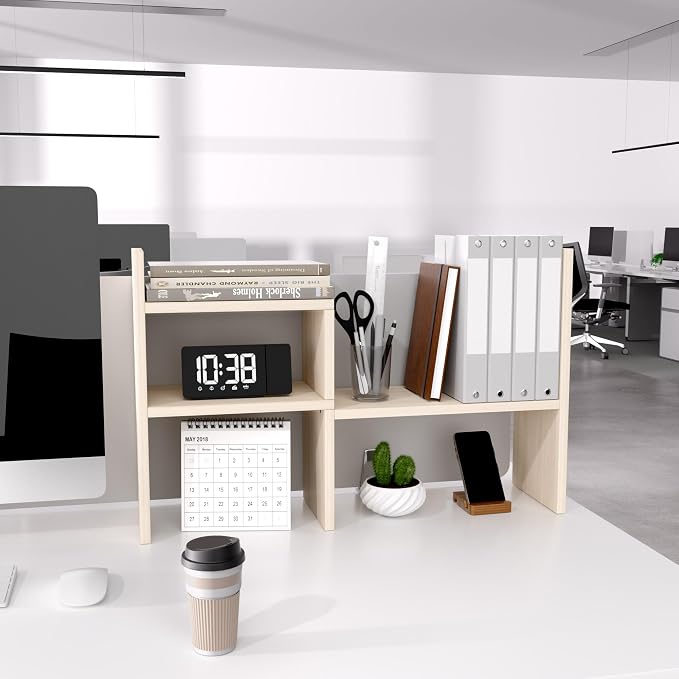 Jerry & Maggie Desktop Organizer Office Storage Rack Adjustable Wood Display Shelf, White, 5 Units, 16"L x 15.8"H x 6.8"W | Wooden Desk Organizer, Cute Dorm & Cubicle Decor. Stores Makeup & Mini Plants, Space-Saving Storage for Small College Rooms