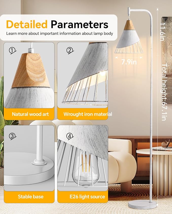 67" Industrial Floor Lamp with Wood & Black Metal Shade, Modern Standing Lamp, Rustic Farmhouse Tall Lamp for Living Room Bedroom Office, 2700K Bulb & Foot Switch Included (Gold+ White)