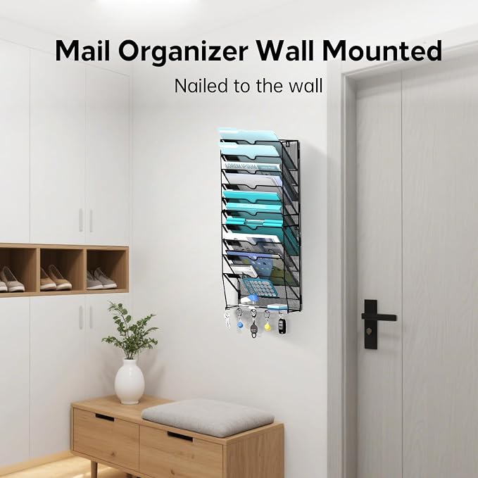 11-Tier Wall File Organizer and Mail Organizer with 5 Hooks, Black | Label slots, curved openings, 5 key hooks, and a bottom tray support organized mail, file, and everyday item storage.