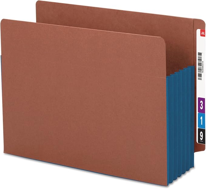 Smead End Tab File Pocket, Reinforced Straight-Cut Tab, 5-1/4" Expansion, Extra Wide Letter Size, Redrope with Blue Gusset, 10 per Box (73689)