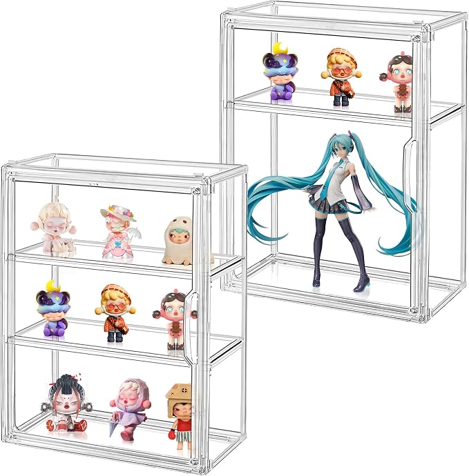 3 Tier Clear Display Case for Figures,Acrylic Storage Organizer Box, 2 Pack | Figure Display Case with 2 Movable Plates, Stackable Display Case with Magnetic Door, Dustproof Showcase for Collectibles