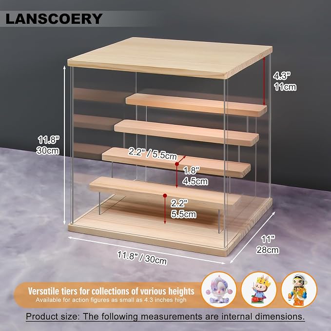 LANSCOERY Acrylic Display Case for Collectibles, 5-Tier LED Light, Wood | 3mm clear acrylic panels with front door access and tri-color top light for small figures on a desk or shelf.
