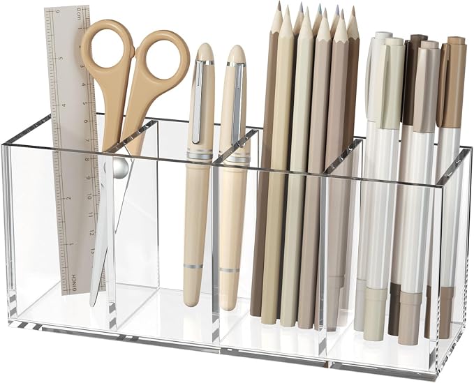 NIUBEE Acrylic Pen Holder 4 Compartments, Clear Desk Pencil Organizer Cup | Scratch-resistant thick acrylic with 4 slots for pens, pencils, makeup brushes, office, vanity and school use