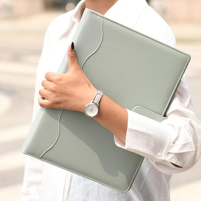Wonderpool A4 PU Leather 3 & 4 Ring Holder Writing Portfolio Multi Document Case with Removable Binder Clipboard and Functional Pocket for Organizer Office Travel School (Green)