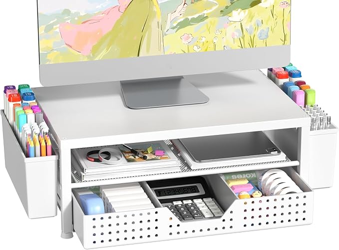 Wood Metal Monitor Stand Riser, Laptop Stand for Desk, Office Desk Organizer and Accessories, Computer Desktop Shelf with Drawer and Pen Holder, Printer Stand for Home, Office, Dorm (White Wood)