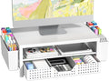 Wood Metal Monitor Stand Riser, Laptop Stand for Desk, Office Desk Organizer and Accessories, Computer Desktop Shelf with Drawer and Pen Holder, Printer Stand for Home, Office, Dorm (White Wood)