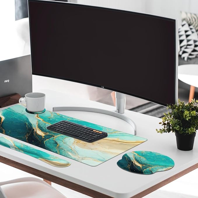 Keyboard Mouse Pad Set, 4 in 1 Desk Mat Set, Marble Green | Gold Large Mousepad+Keyboard Wrist Rest+Mouse Wrist Rest+Coaster Ergonomic Design for Home Office Computer
