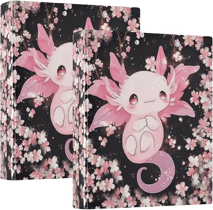 Cute Axolotl Cherry Blossoms 3 Ring Binder 1.5 Inch 2 Pack with 200 Sheet for Kids School Supplies Women Men Office
