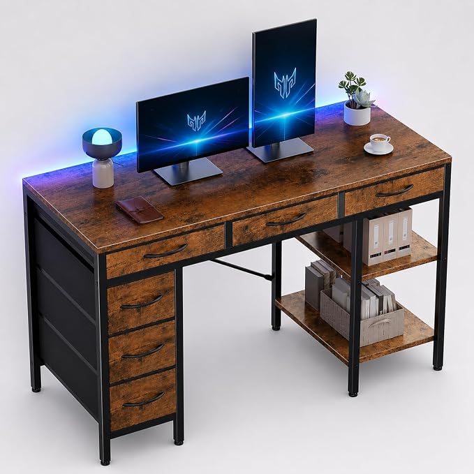 Simple Deluxe Computer Desk with 6 Drawers, 47 Inch Office Workstation with Storage Shelves, Reversible Corner Gaming Table, Home Office Study Desk with Fabric Organizer, Rustic Brown