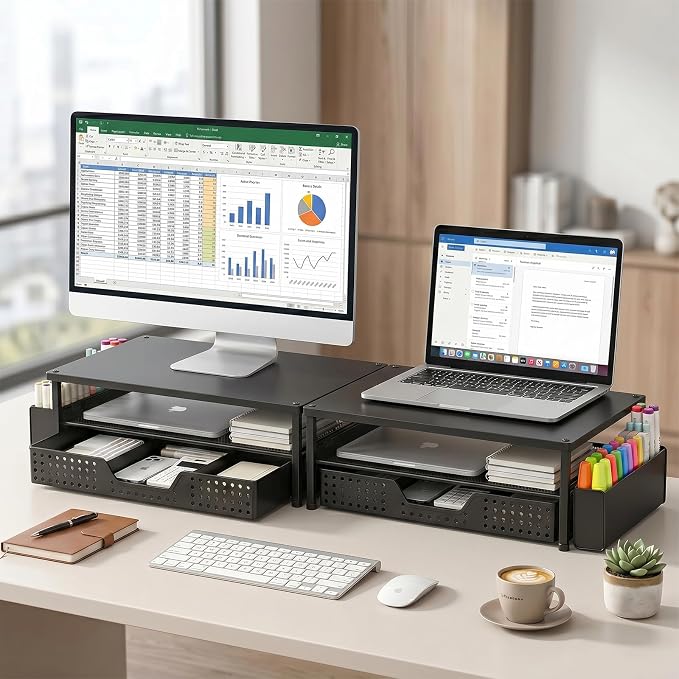 ECOLOVI Desk Organizer and Accessories, 2-Tier Computer Monitor Stand Rise with Storage Drawer & 2 Pen Holders, Laptop & Printer Stand for Desktop, Workspace Organizers for Office Supplies (Black Wood)