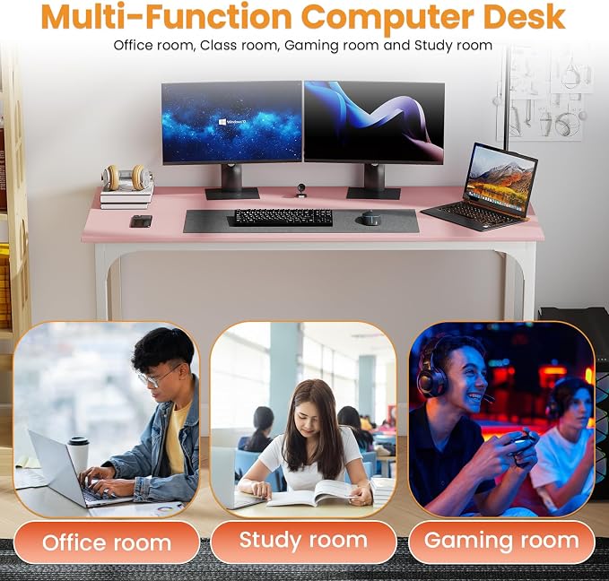 PayLessHere | 47 Inch Computer Desk | Pink | Office Desk with Metal Frame, Adjustable Feet | Water-Resistant, Scratchproof Surface | Sturdy Writing Table for Home Office or Study | Pack of 1