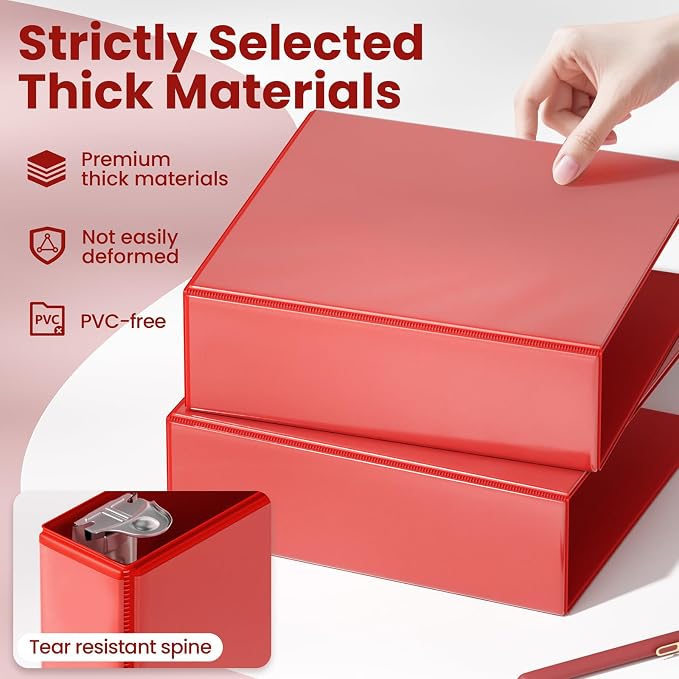 SUNEE 3 Ring Binder 3 Inch D Ring, Clear View Large Binder Three Ring PVC-Free (Fit 8.5x11 Inches) for School or Office Supplies, Dark Red, 1 Pack