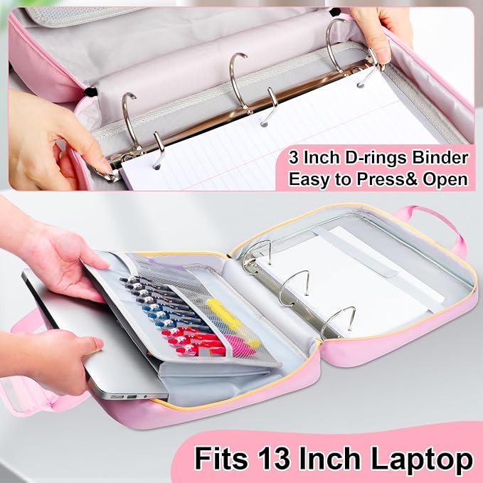 3 Inch D-Ring Zipper Binder Bag, 700 Sheet Capacity Multi-Pockets Organizer, 13 Inch Laptop Carrying Case with Bottle Holder& Shoulder Strap for School Office (Pink)