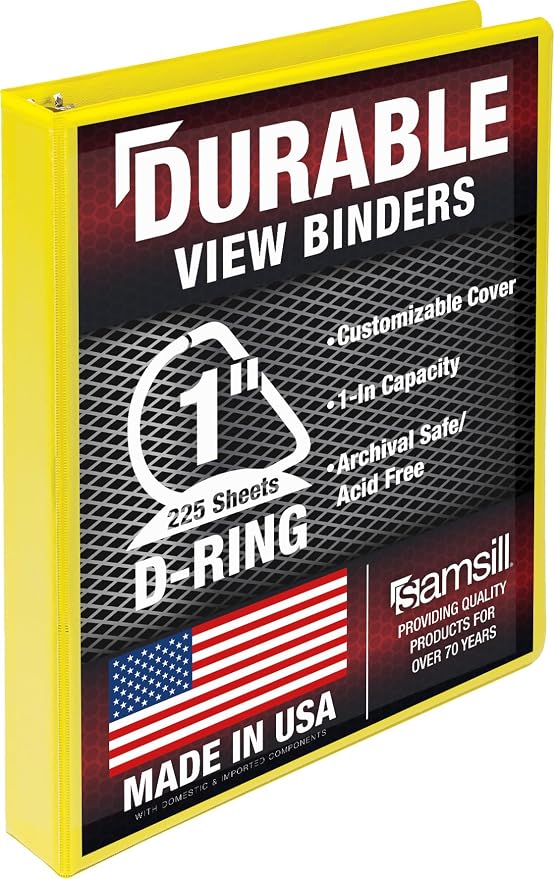 Samsill Durable 1 inch 3 Ring Binder, D Ring Binder, 100% Recycled Chipboard, Yellow