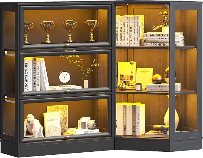 Corner Display Cabinet with Glass Doors, 3-Tier Curio Cabinets with RGB Lights, 42" Display Case with Wood Shelves for Collectibles, Black