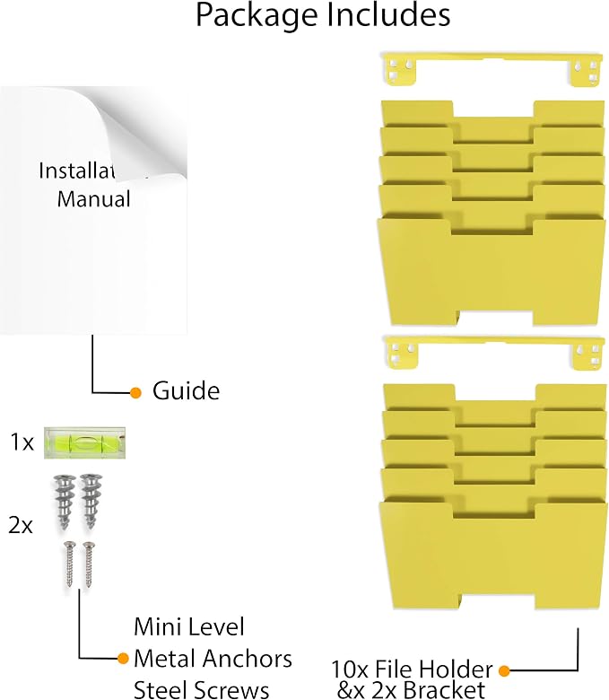 Wallniture Lisbon 10-Tier Metal Wall File Holder Organizer for Organization and Storage, Yellow Office Decor and Magazine Holder