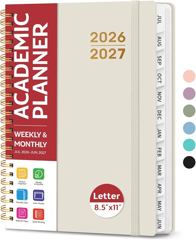 Taja Planner 2026-2027, Jul 2026-Jun 2027 Monthly & Weekly Calendar Book | 8.5" x 11", Hardcover Academic Calendar with Tabs, Teacher Student Agenda Book for School Office Supplies - Beige