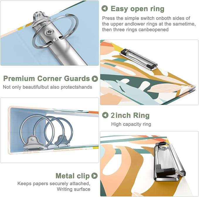 Rouidr 3 Ring Binder, 2 Inch Round Ring Binder Organizer with Clipboard, 5 Dividers Tabs, A4 8.5 x 11 Inch Paper & Clear Sleeves for School, Office Supplies, Colorful Leaves