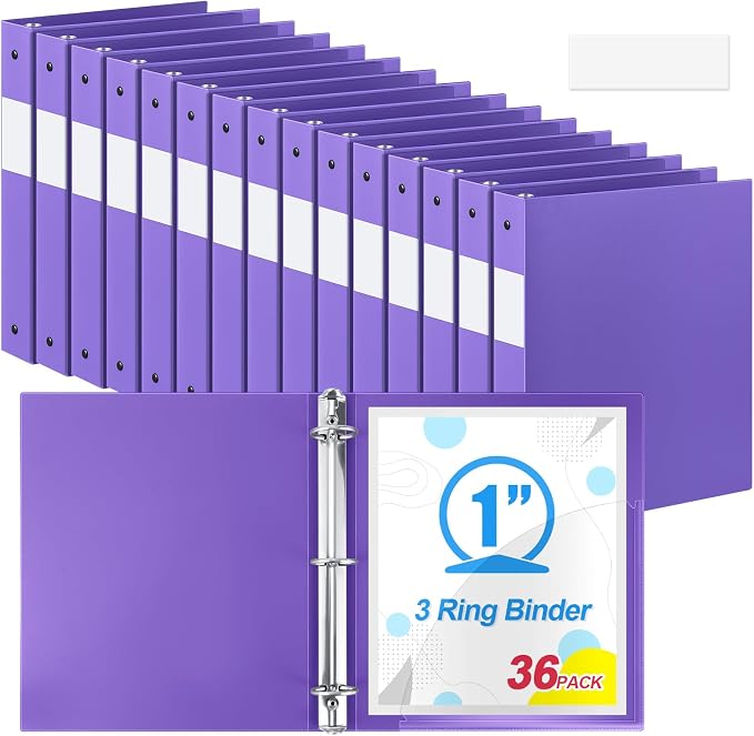 Skyygemm 36 Pack 1 Inch 3 Ring Plastic Binders, Bulk Flexible PP Binders for Classroom & School Supplies, Letter Size 8.5 x 11, Holds 240 Sheets with Interior Pocket (Purple)