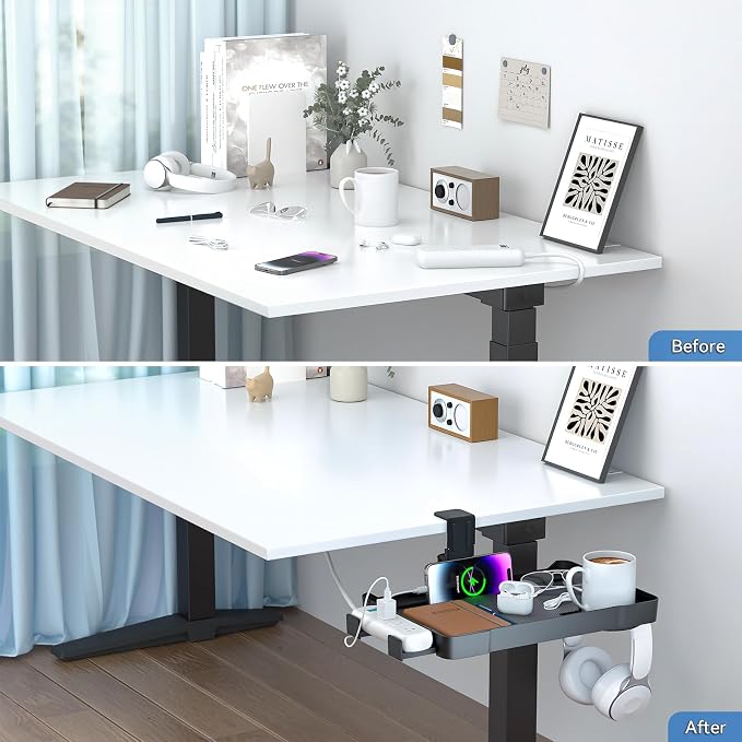 KDD Under Desk Organizer - 360° Rotating Clamp-On Tray with Headphone Hook, Phone & Tablet Holder, Cup Holder, and Cable Management - No Drilling Desk Storage Accessories for Office and Home