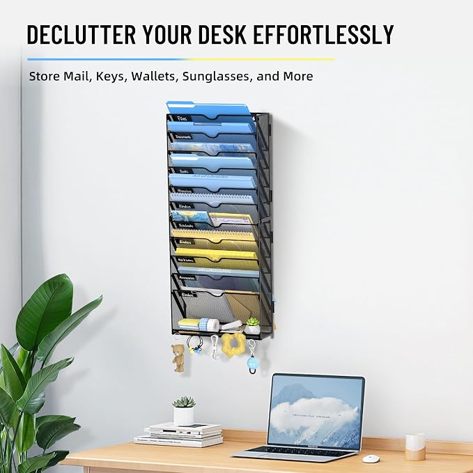 12-Tier Wall File Organizer with Hooks, Hanging File Organizer | Metal Mesh Mail Organizer, Wall Mounted File Organizer for Home, Classroom, Office Organization